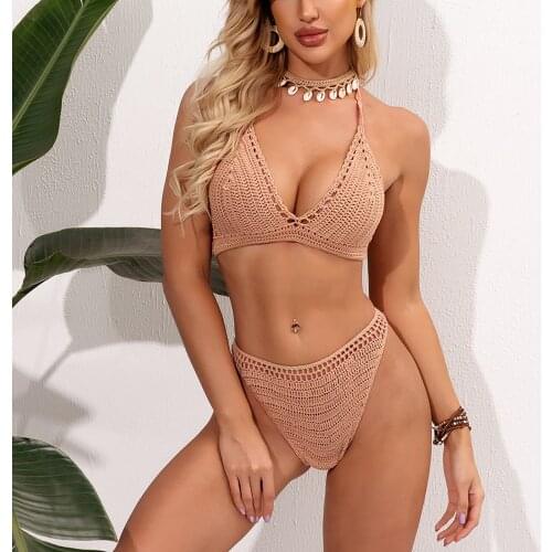 Swimsuit women bikini set knitting Hollow Out shell top with hand-woven Solid Color swimsuit Bathing suit Swimming suit Biquini