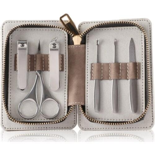Manicure Set 6 In 1 Stainless Steel Nail Cutter Full Function Brown Leather Nail Clippers Hand Kit Tools For Travel Gifts