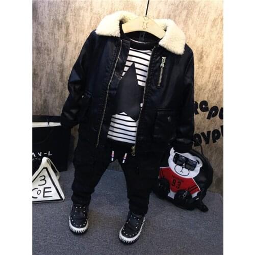 Fashion New Baby Boys Clothing Sets Childrens Winter Clothes 2020 Winter Kids Boys Velvet Thick Warm Set Boys PU Leather Jacket