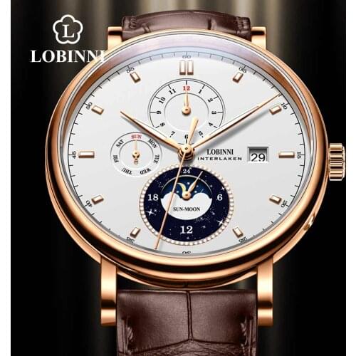Lobinni Fashion relojes para hombre Moon Phase Men Wristwatch Clock Waterproof Sapphire High Quality механические часы 13056