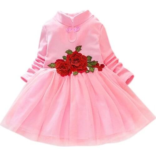New Spring Baby Girl Dress 1-6T Fashion Toddler Child Girl Flower Embroidery Long Sleeve Grenadine Patchwork Princess Dress