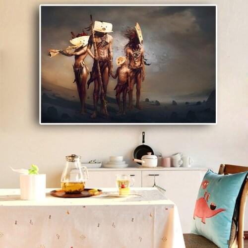 Native Indian Famliy with Mask Fantasy Portrait Canvas Art Scandinavian Posters and Prints Wall Picture for Living Room