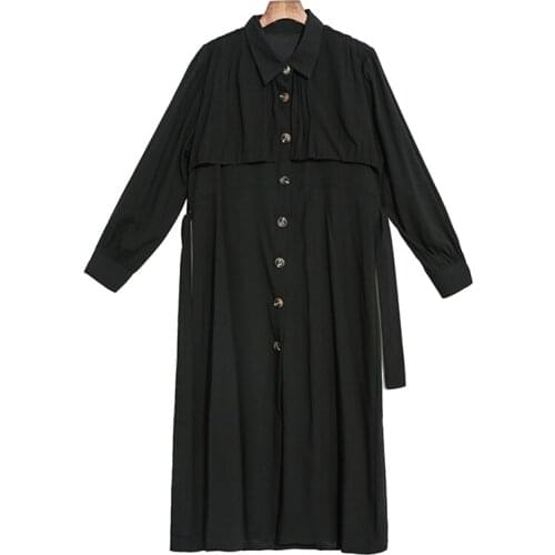 PERHAPS U Women Spring Solid Black Dress Turn Down Collar Sash Single-breasted Ruched Long Sleeve Midi Dress Korea D2319