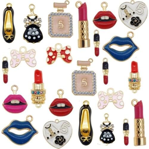 Julie Wang 12PCS Enamel Charms Alloy Mixed Girl Lipstick Lip Dress Shoes Necklace Pendant Bracelet Accessory Jewelry Making