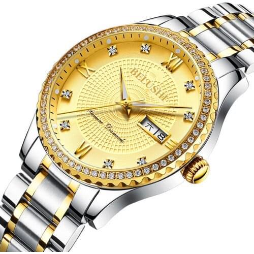 Luxury Men Watch Top Brand Steel Bracelet Golden relogio masculino Date Week Dial Crystal-set Bezel Classic Quartz Mens Watches