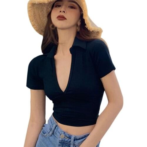 Summer Vintage Polo Shirts Women Sexy Slim Top Deep V-Neck T-shirt Female Solid Slim Exposed Navel Top Knitted Streetwear