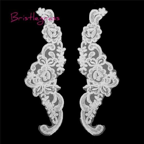BRISTLEGRASS 1 Pair Off White Embroidered Flower Vine Applique Patches Tulle Mesh Lace Trims Bridal Wedding Dress Costume Sewing