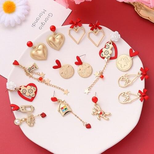 Cute Red Color Earrings For Women Simple Sweet Chinese Style New Year Elegant Bear Bow Heart Drop Ear Jewelry