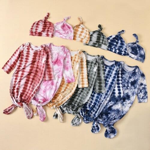 2Pcs Set Little Baby Sleeping Bags Swaddle Blanket Muslin Wrap Tie Dye Print Cotton Long-Sleeves Sack+Hat for Newborn Boys Girls