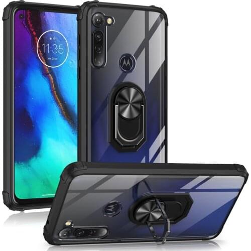Military Grade Clear Crystal Phone shockproof Case with Ring Car Mount Kickstand for Motorola MOTO G Stylus/E7 2020/G FAST