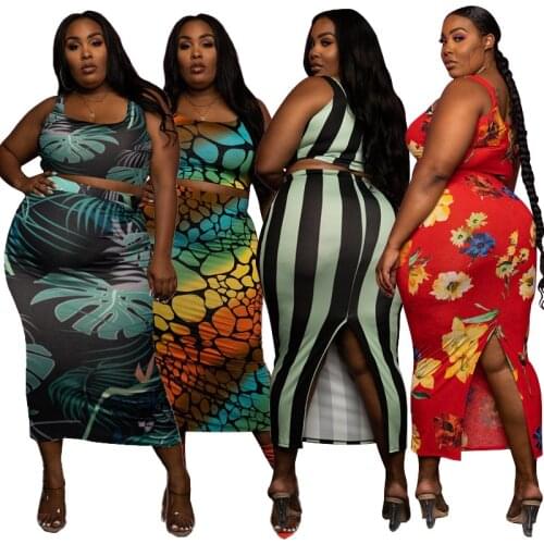 Plus Size 2 Piece Set Women Skirt and Tops Boho Printed Bodycon Skinny Two Piece Suits Beach Holiday Vintage Outfits 4XL 5XL
