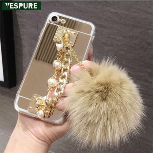 YESPURE Glitter Mirror Mobile Fancy Accessories for iphone 7 8 3D Girly Pearl Chain Smartphone Cover Back Cover Fundas
