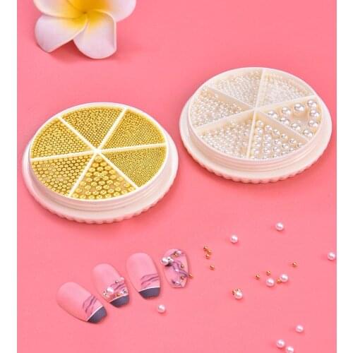 Nail Art Pearl Jewelry Flat Bottom Small Steel Ball Gold Silver Semicircle Full Circle Phototherapy Nail Decoration 6 Grid Mixed
