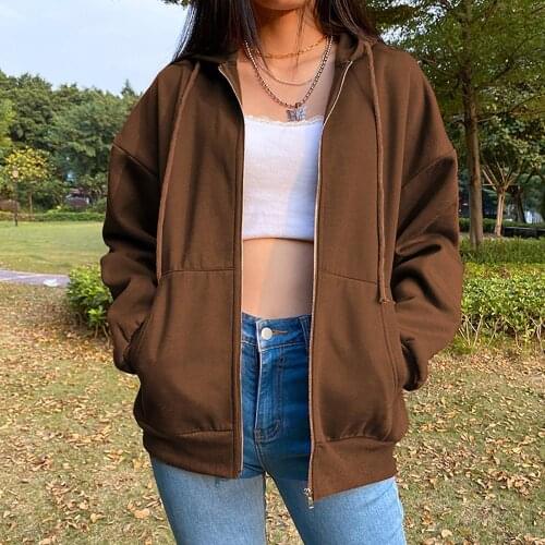Hoodies Long Pullover Long Sleeve Brown Jacket Hooded Zipper Top Oversized Sweatshirt Zip Up Sweatshirts Y2K Egirl Top Jacket