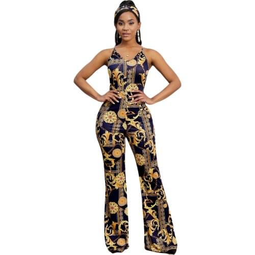Womens Printed V-Neck Camisole Sleeveless Casual Jumpsuit
