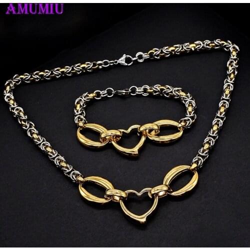 AMUMIU Heart Shape Jewelry Sets Gold Color Pendant Necklace Bracelets sets Women Jewelry JS163