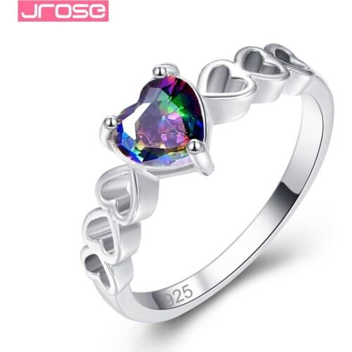 JROSE Wholesale Fashion Heart Cut Rainbow Cubic Zirconia Jewelry Silver Ring Size 6 7 8 9 For Women Lady Wedding Engagement