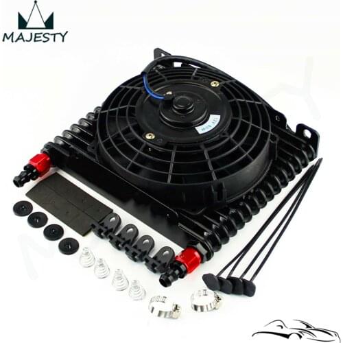 10-AN 32mm Aluminum 15 Row Engine/Transmission Racing Oil Cooler+7" Electric Fan Kit w/ Fittings Black