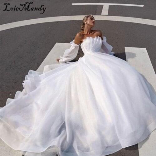 Ruffled Organza White Wedding Dresses 2021 Sexy Strapless Beach Wedding Bridal Gowns With Detachable Sleeves Robe de princesse