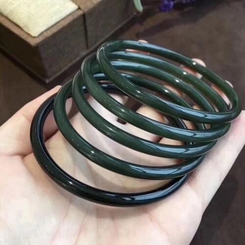Natural Hetian Nephrite Jade Dark Green Thin Round 54-62MM Bangle For Women Fine Jewelry Bracelet With Box