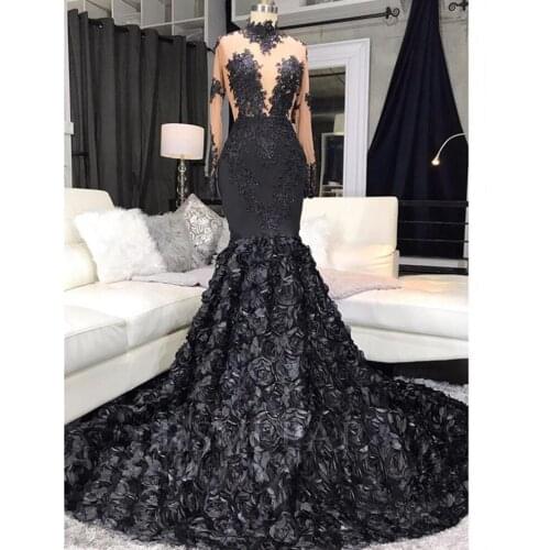 Black Mermaid Long Prom Dress 2021 Real Pictures Sexy See Through Top Appliques 3D Flowers Long Sleeve African Girl Prom Dresses