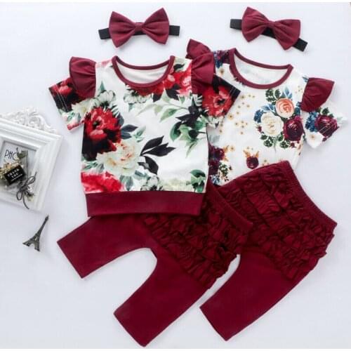 Baby Clothes 2020 Summer Infant Baby Kids Girl Outfit Clothes Floral Tops Ruffle Pants +Headband 3PCS Set