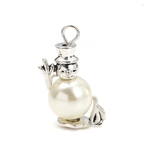 DoreenBeads Zinc Based Alloy & Acrylic Charms Christmas Snowman Silver Color White Imitation Pearl DIY 28mm x 19mm, 10 PCs
