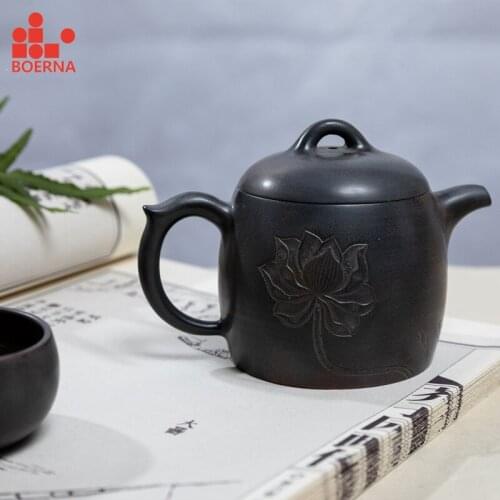 BOERNA China Nixing Pottery Not Yixing Purple Clay Handmade Teapot with Carved Teapots Kettle Porcelain KungFu Tea Set Drinkware