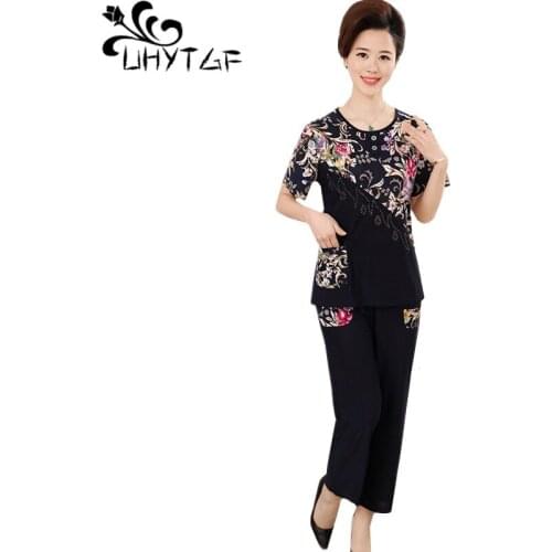 UHYTGF Fashion print T-shirt tops and pants summer two piece sets Women Loose plus size stretch ice silk 2 piece set Female 283