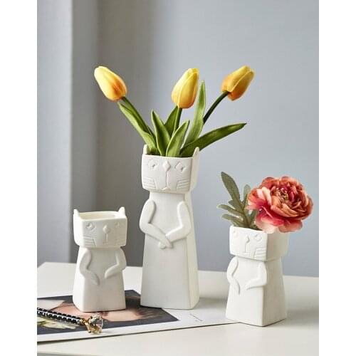 Creative cute cat white ceramic vase Nordic ornaments living room bedroom decor desktop flower arrangement plant vase CL71704