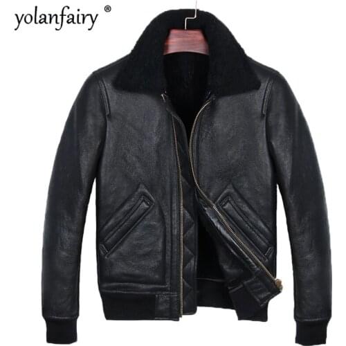 Real Fur Coat Men Genuine Leather Jacket Winter Jacket Men 100% Wool Mens Shearling Bomber Casacos Masculino PM-1801 Pph1126
