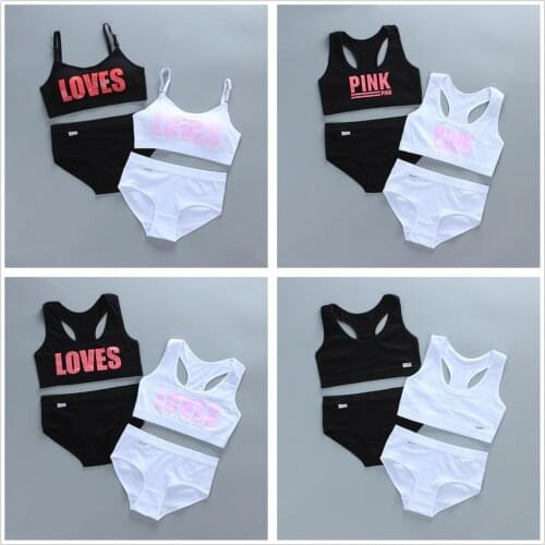 Teenage Girls Underwear Wireless Letter Print Small Bra Panty Set For Children Young Girls Sports Runnin Crop Tops 8-16Years