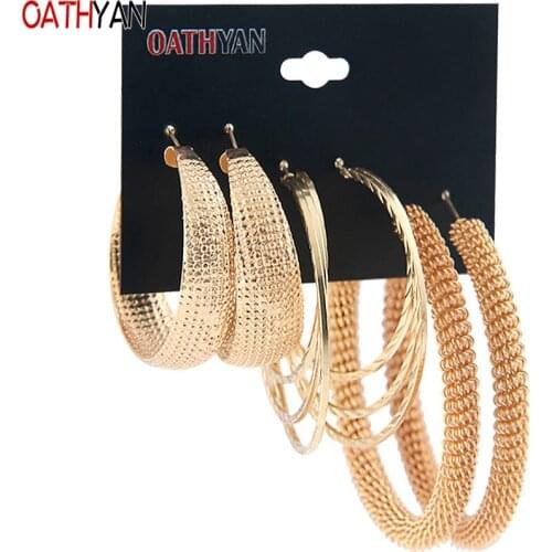 OATHYAN 3 Pairs/Set Classic Oversize Gold Color Metal Hoop Earrings Set Mix For Women Round Big Circle Earring Statement Jewelry