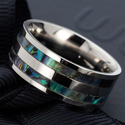 Unisex Abalone Shell Inlay Titanium Stee Color Rings For Men Women Couples Opal Wedding Band Size 6-12