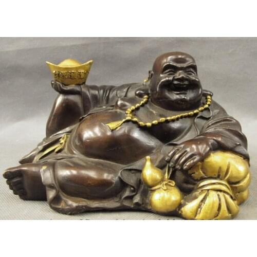 Wholesale factory 9" Chinese Bronze Gilt Happy Maitreya Buddha Hold YuanBao Money Bag Gourd Statue AE1024 AB1025