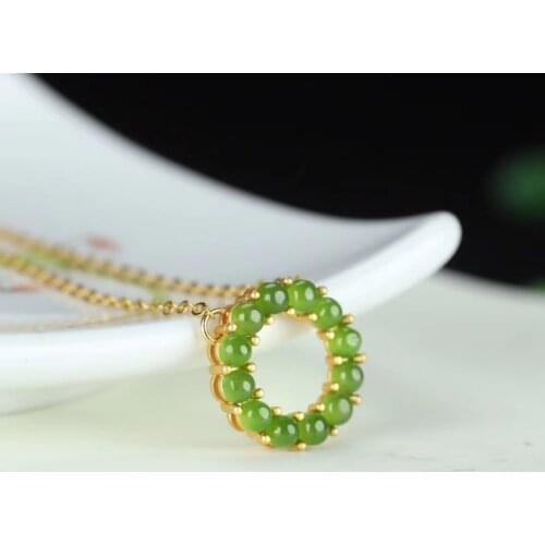 Original Design 925 Silver Ancient French Gold Hetian Jade Green Jade Pendant SUNFLOWER Clavicle Chain Ladies' Pendant