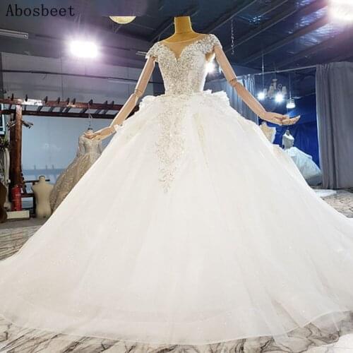 Silver Beading Ball Gown Wedding Dress Short Sleeve 2021 New White Shining Tulle Wedding Gown 200CM Cathedral Train Lace Up