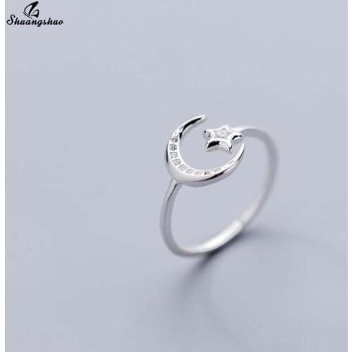 Shuangshuo Real 925 Sterling Silver Minimalist Moon Star Opening Ring for Women Wedding Engagement Fine Jewelry Cute 2021 Gift