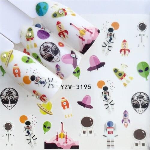 Fashion Stickers for Nails DIY Space Alien Spaceship Water Sliders Manicure Decor Watercolor Nail Decal Stickers Accessoires