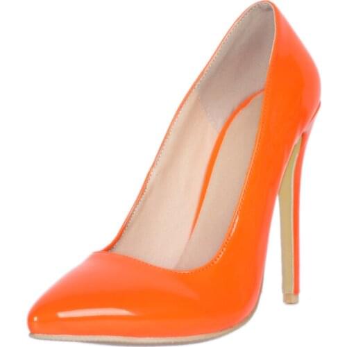 Women Pumps Pointed Toe Slip on Patent Leather High Heels Woman Ladies Fashion Orange Thin Heel Zapatos Mujer Plus Size