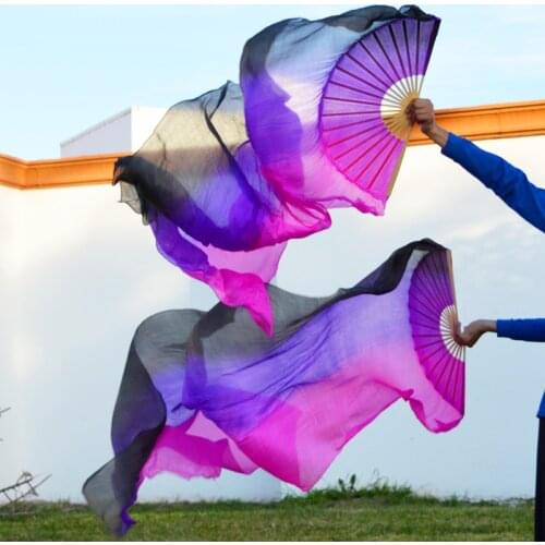 2016 High selling 100% Real Silk Veils 1 Pair handmade women Quality Silk Belly Dance Fan Dance black purple rose 180*90 cm