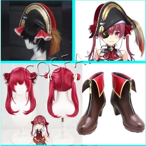 Vtuber Houshou Marine Cosplay Wig Hat Hair Clip Hair Pin Red Hairpin Halloween Costume Accessory Props Wig shoes hat headwear