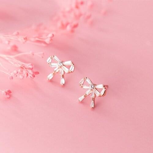 MloveAcc 925 Sterling Silver Fine Jewelry Classic CZ Cute Bow Stud Earrings for Women Wedding Fashion Party Jewelry Gift