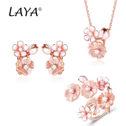 Laya 925 Sterling Silver High Quality Zircon Natural Shell Flower Green Leaf Enamel Necklace Earrings Ring For Women Jewelry