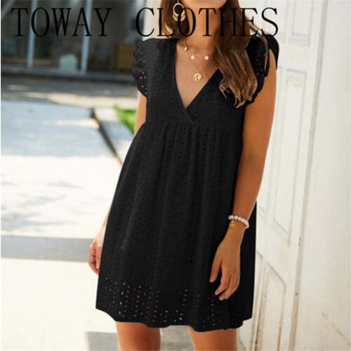 2020 Summer Women Elegant Black Lace Mini Dress Female V-Neck Hollow Out Leisure Broderie Anglaise Ruffles Design Casual Dre