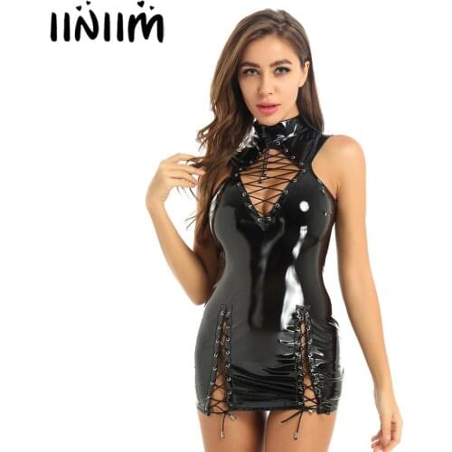 Womens Ladies Fashion Wetlook Patent Leather Front Hollow Out Lace up Bodycon Mini Dress for Cocktail Party Clubwear
