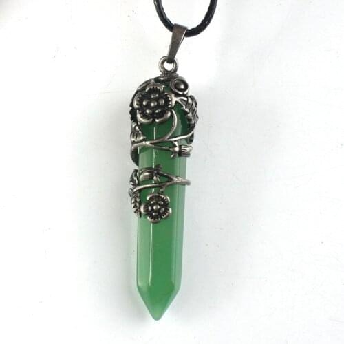 100-Unique Popular Silver Plated Natural Green Aventurine Hexagonal Prism Inlay Flower Leaf Pendant Fashion Jewelry