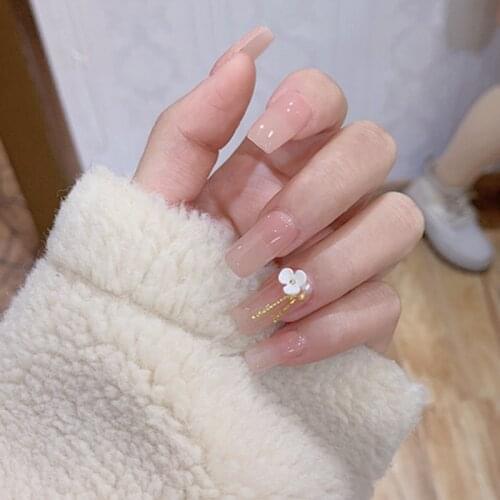 24Pcs Shiny Nude Long Paragraph False Nail For Design 3D Flower French Artificial Fake Nails DIY Full Cover Tips Manicure Tool