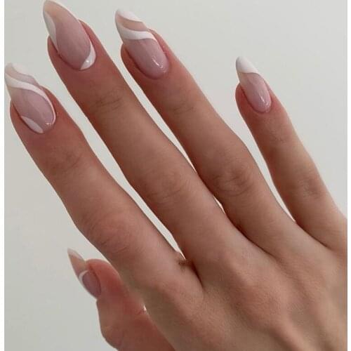 24pcs White Stripe Wear Long Paragraph Fashion Manicure Patch False Nails Save Time Wearable Nail Patch WD