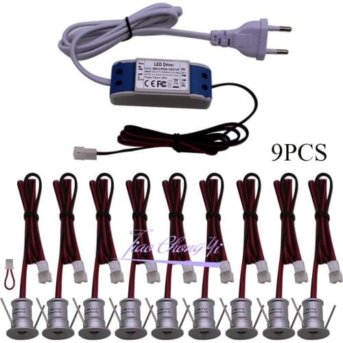 9PCS /1set 12V Mini Indoor LED Spot Light Downlight Dimmable Recessed Ceiling Stair Light 1W Showcase Cabinet Lights